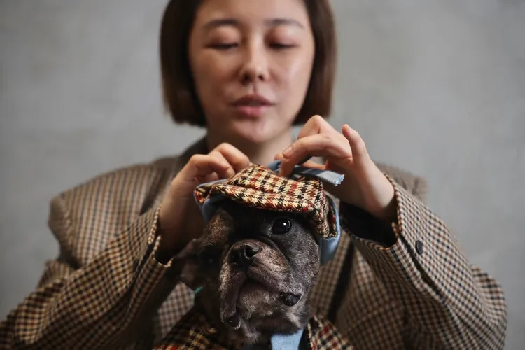 李維維幫狗兒子戴她親手縫製的英倫帽。林林攝