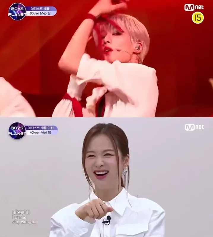 有網友比對《Over Me》舞蹈完整版（上圖）與播出版，陳冠叡的個人鏡頭在節目播出時，被評審率智的反應畫面取代。翻攝Mnet