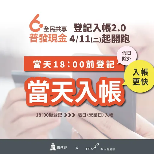 6000元「登記入帳2.0」4/11上線　每日18點前登記當天入帳