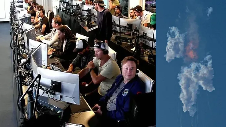 SpaceX執行長馬斯克（左圖右一）在火箭爆炸後（右圖）的表情。翻攝Youtube/ SpaceX