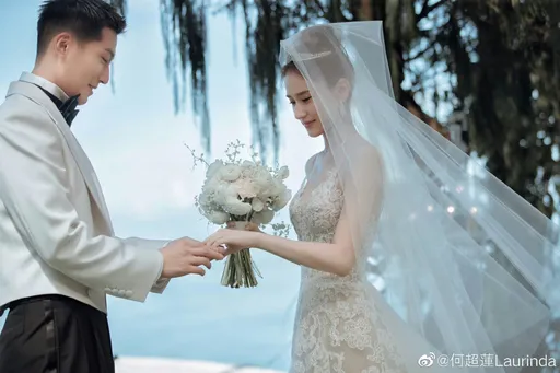 何超蓮穿Vera Wang夢幻婚紗嫁竇驍 粉紅鑽戒閃耀甜蜜擁吻
