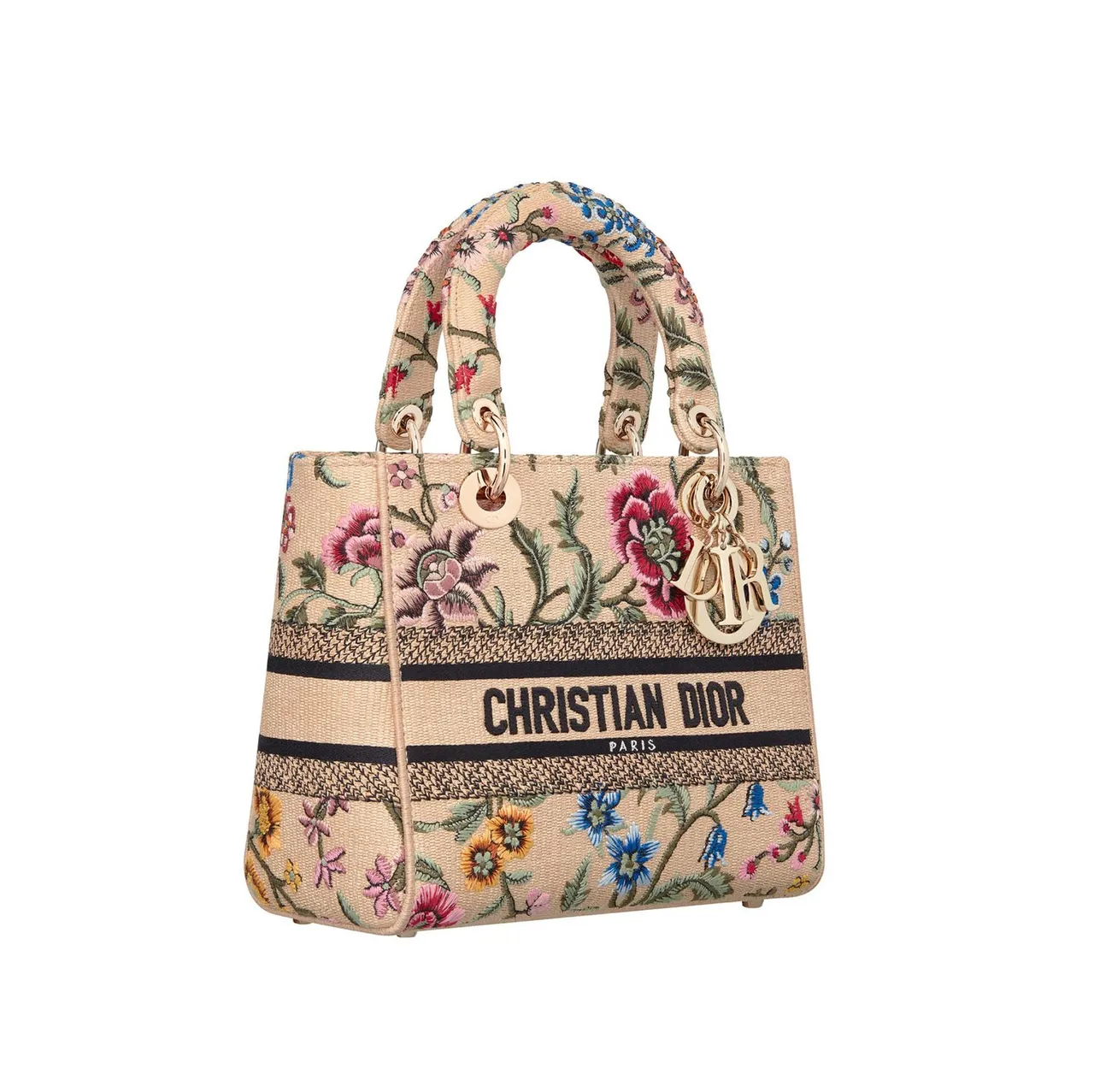 花卉刺繡圖案拉菲草中型Lady D-Lite提包,15萬元。品牌提供