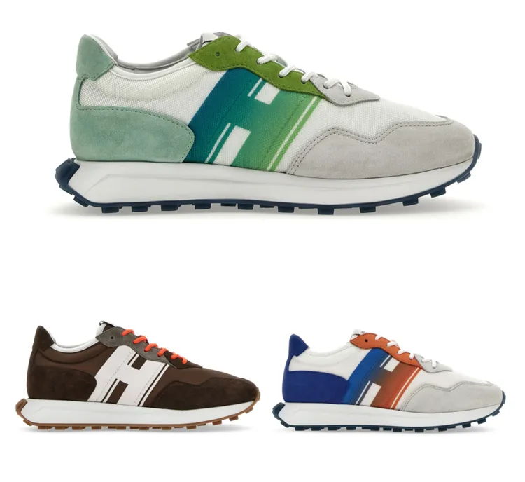 Hogan H601綠色漸層磨面皮革休閒鞋NT23,500(圖上)、Hogan H601深棕色磨面皮革休閒鞋NT23,500(左下)、Hogan H601藍橘漸層磨面皮革休閒鞋，NT23,500(右下)。