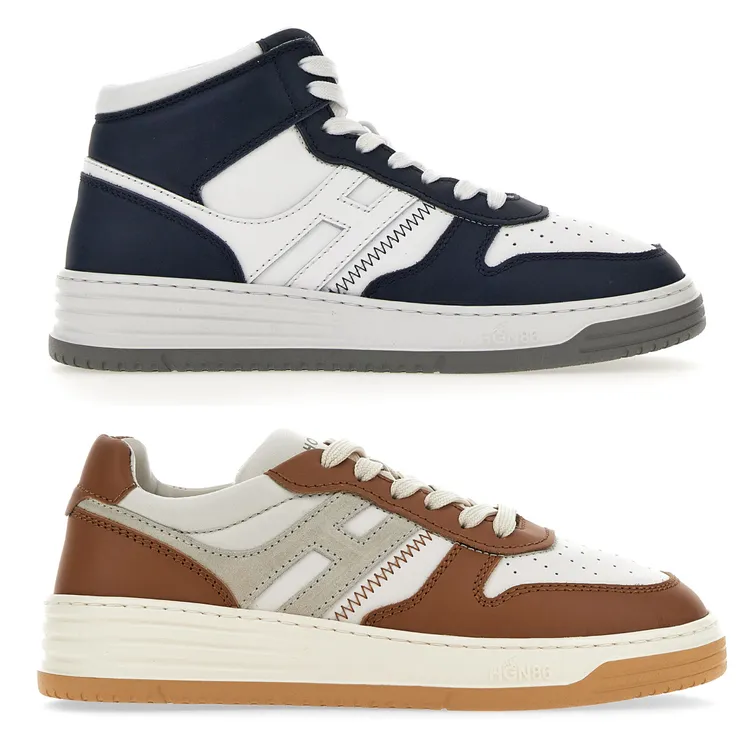 Hogan H630 深藍拼接皮革高筒休閒鞋(男款)NT23,300(上圖)、米色拼接皮革休閒鞋(中性款)NT21,000(下圖)。