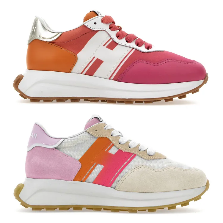 Hogan H641橘紅漸層磨面皮革休閒鞋NT23,500(圖上)、Hogan H641粉紅漸層磨面皮革休閒鞋NT23,500(圖下)。