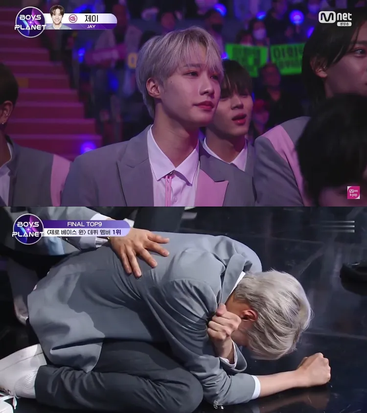 陳冠叡聽到章昊獲得第1名後，喜極而泣哭倒在地。翻攝Mnet