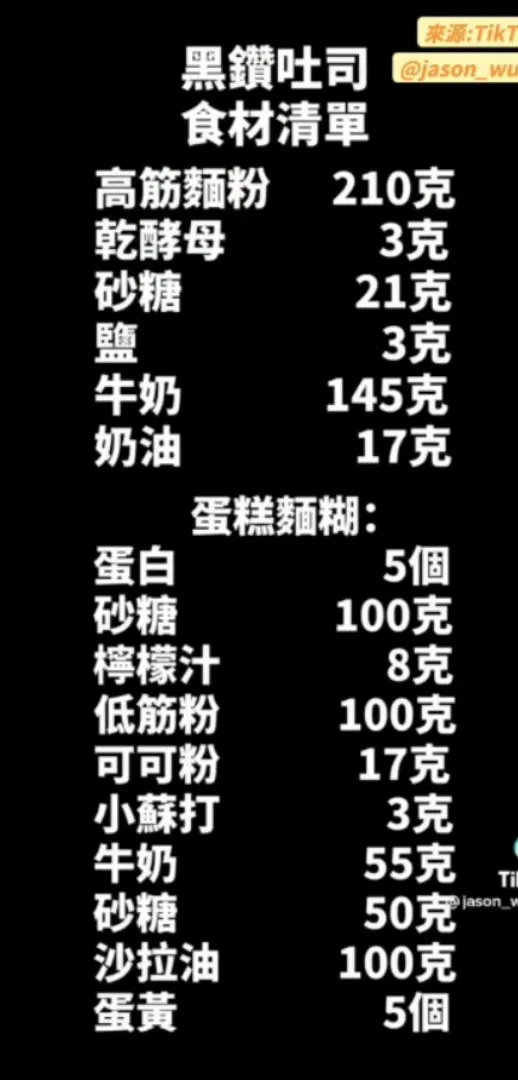 黑鑽吐司食材明細。TikTok@jason_wu6666 提供