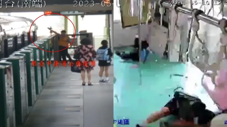 中捷列車停站後，吊臂墜落軌道。中捷提供