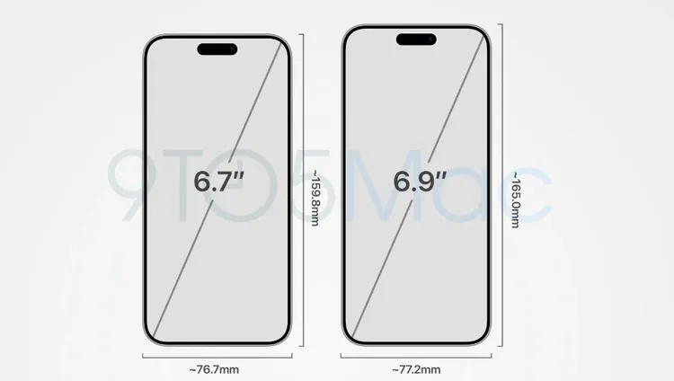 iPhone 16 Pro Max（右）和iPhone 15 Pro Max（左）高度寬度細節曝光。翻攝9TO5Mac