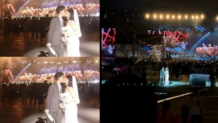 有新人穿上婚紗，在五月天演唱會上拍攝婚紗照。翻攝會火微博