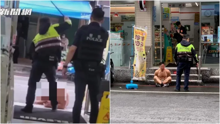 警員噴辣椒水、持警棍痛擊「超商浩克」，把坐在超商門口的朱男制伏上銬。翻攝自《記者新聞網》、「爆廢公社二館」
