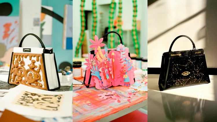 由陸平原（左起）、陳粉丸及倪有魚等3位中國當代藝術家，為FENDI打造出的3款最新Peekaboo包款。品牌提供