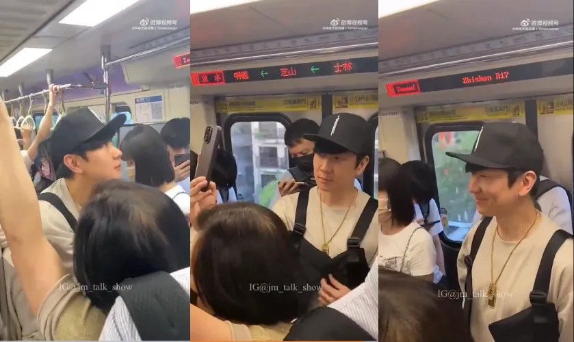 林俊傑在車廂內喬角度拍照,過一會被乘客認出來後,露出微笑回應。翻攝jm_talk_show IG