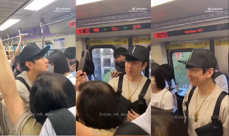 林俊傑在車廂內喬角度拍照，過一會被乘客認出來後，露出微笑回應。翻攝jm_talk_show IG