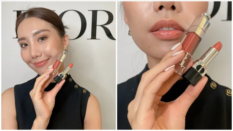 Model示範以藍星精華唇膏#337西柚粉橘疊搽豐漾俏唇蜜#043裸粉棕，唇膏1500元、唇蜜1350元。張家玲攝