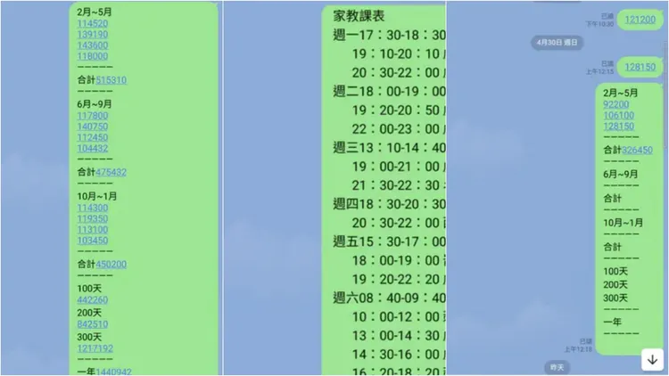 當事人的一周七天時間，完全被家教課表填滿。翻攝自論壇Dcard