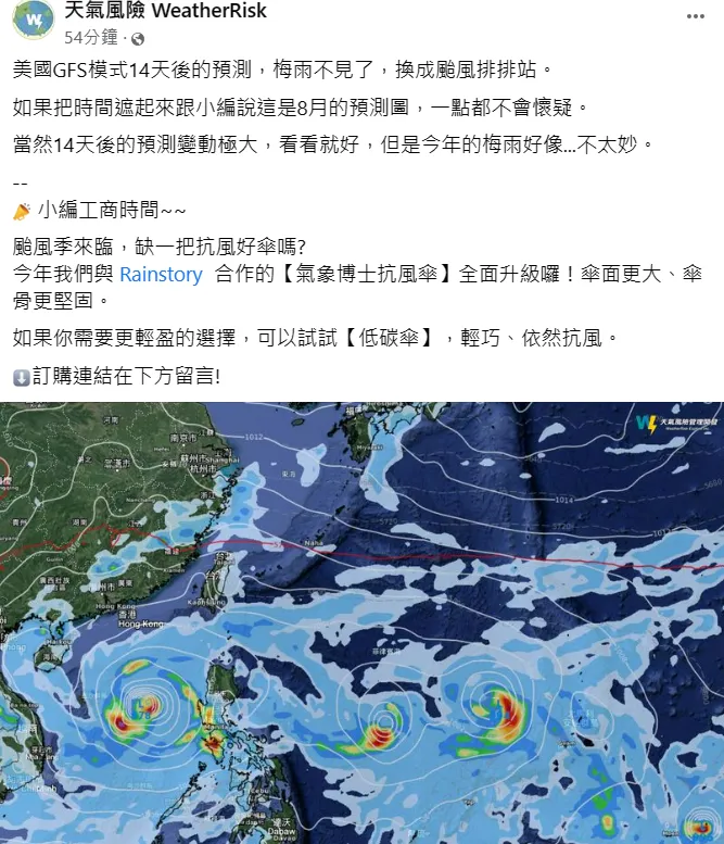 美國GFS模式14天後的預測，讓「天氣風險」小編驚呼：「梅雨不見了，換成颱風排排站。」翻攝自天氣風險臉書
