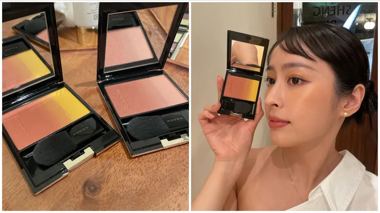 晶采淨妍頰彩#138（左圖左）、#139（左圖右），右圖為Model示範#138，各2100元。張家玲攝