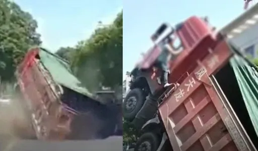 天坑路殺!砂石車行駛中「中伏」 超驚險瞬間全都錄