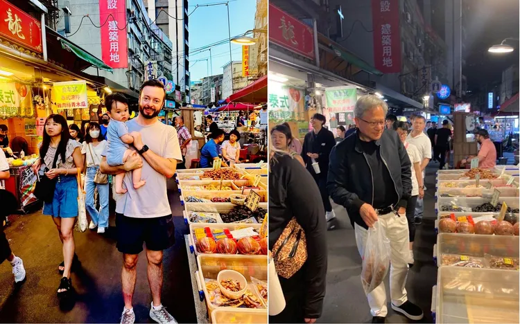 Matthew Donegan-Ryan抱著兒子在饒河街打卡，該處是野生黃仁勳出沒的相同地點，幽默跟風「1兆男」黃仁勳的生活。翻攝自推特