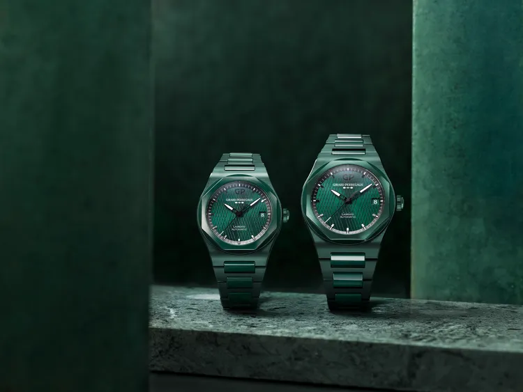 GP桂冠系列綠色陶瓷自動上鍊腕錶Aston Martin特別版42mm款（右）83萬3000元、38mm款（左）80萬5000元。品牌提供