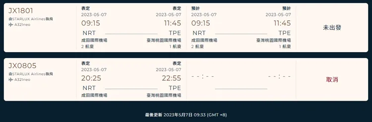 說好加班機也還沒飛，晚上也取消一班機。翻攝星宇航空官網