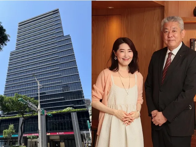 楊思敏（左）擔任「格拉斯麗酒店 Hotel Gracery台北」代言人，右為該飯店董事兼總經理奥立正人。彭欣偉攝