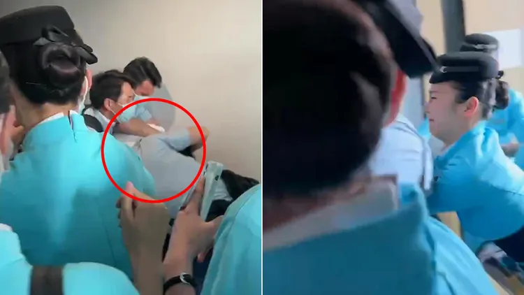空姐等人當場抓住偷拍的飛行員。翻攝自微博