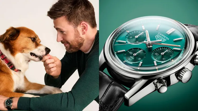 克里斯伊凡（左圖右，翻攝chrisevans IG）和愛犬Dodger在拍攝廣告時，選戴了瑞士製錶泰格豪雅的限量綠面Carrera精鋼自動計時腕錶（右，品牌提供），21萬8700元。