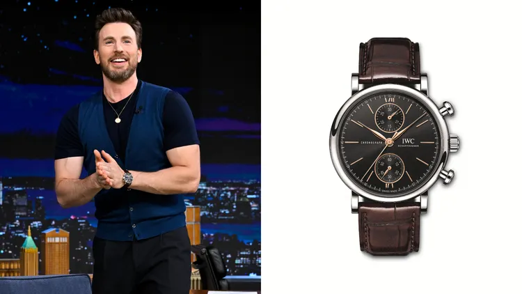 克里斯伊凡（左）在宣傳新片《真愛搞失蹤》的一連串活動中，腕間緊繫IWC萬國錶柏濤菲諾精鋼計時腕錶，20萬5000元。品牌提供