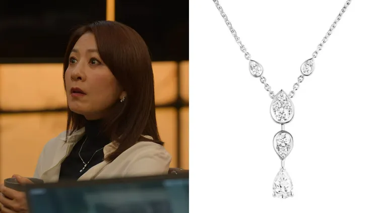 金喜愛（左，翻攝Netflix）在第8集裡與昔日戰友反目對質的情節，是在法國珠寶品牌CHAUMET的見證下發生；CHAUMET Joséphine Ronde d'Aigrettes系列18K白金鑽石項鍊（右，品牌提供），鑲嵌0.5克拉主鑽，26萬1000元。
