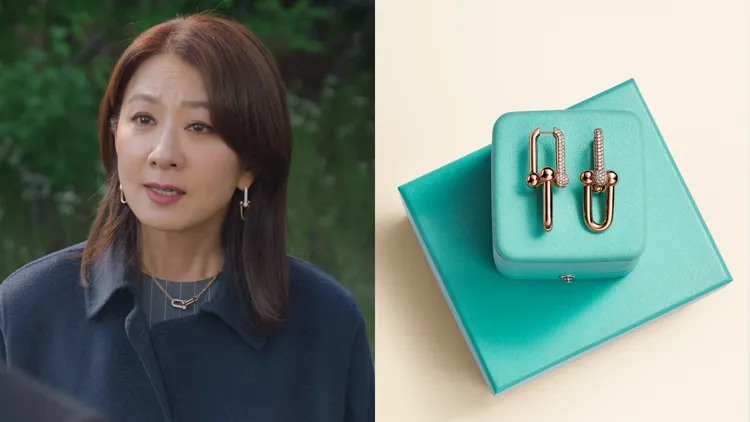 金喜愛（左，翻攝Netflix）藉由Tiffany HardWear系列珠寶汲取自工業美學的鍊節造型，具象呈現剛柔並濟的內在力量；Tiffany HardWear系列玫瑰金鍊節設計鑲鑽耳環（右，品牌提供），49萬1000元。