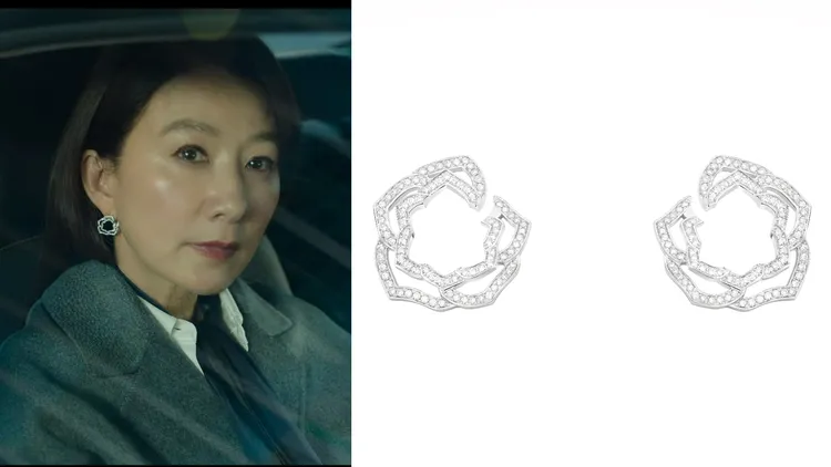 金喜愛（左，翻攝Netflix）於首集開場，便以瑞士珠寶腕錶品牌伯爵的Piaget Rose系列鑽石耳環搭配幹練形象；伯爵Piaget Rose系列18K白金鑽石耳環（右，品牌提供），32萬7000元。