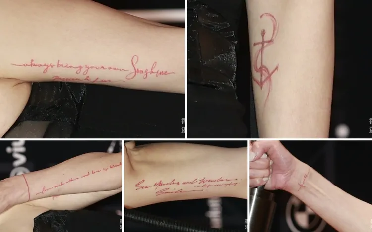 鄭秀文雙臂的紅色刺青紋身圖案。翻攝自《香港01》