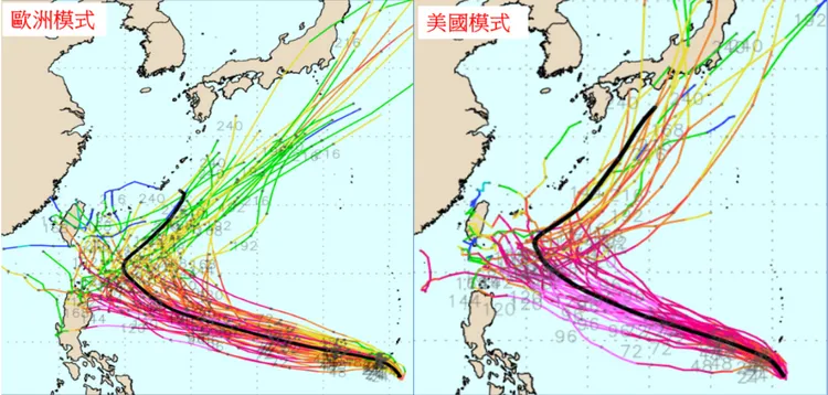 最新(23日20時)歐洲(ECMWF左圖)及美國(GEFS右圖)系集模式模擬顯示，「瑪娃」的系集平均路徑(粗黑線)，大約在未來6至7天於台灣東側、接近巴士海峽時，逐漸向東北大迴轉，但其各別系集路徑(細線)仍然非常分散。圖擷自weathernerds