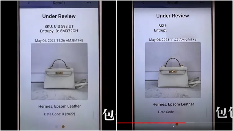 陳沂指王思佳送驗的包包，製造日期是2022年（左圖）。而事後遭質疑的畫面，送驗包包的細項資料已被馬賽克遮蔽。翻攝自王思佳YT頻道