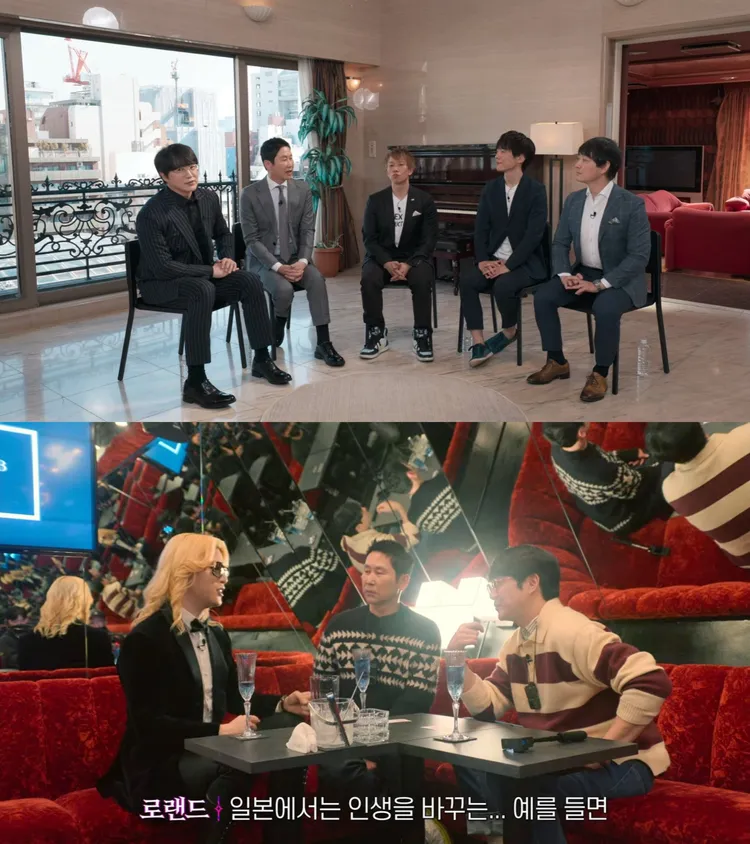 成始璄（上圖左起）、申東燁訪問AV男友清水健與鈴木一徹、導演野本義明，還到羅蘭（下圖左）的牛郎店參觀。翻攝Netflix