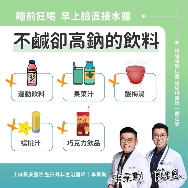 不鹹卻高鈉！睡前喝隔天臉水腫的地雷飲料。翻攝臉書「熱血暖男 戴定恩醫師｜台北 文山 新店 泌尿科 疝氣 結石 攝護腺專業」