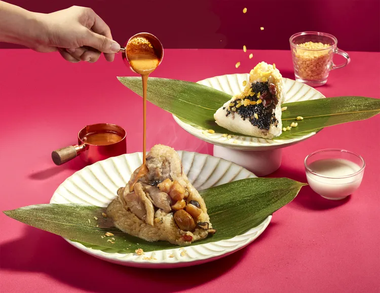 迷人飽滿的「濃醇麻油雞粽」及綿密香甜的「椰香榴槤粽」是饕客最愛。業者提供