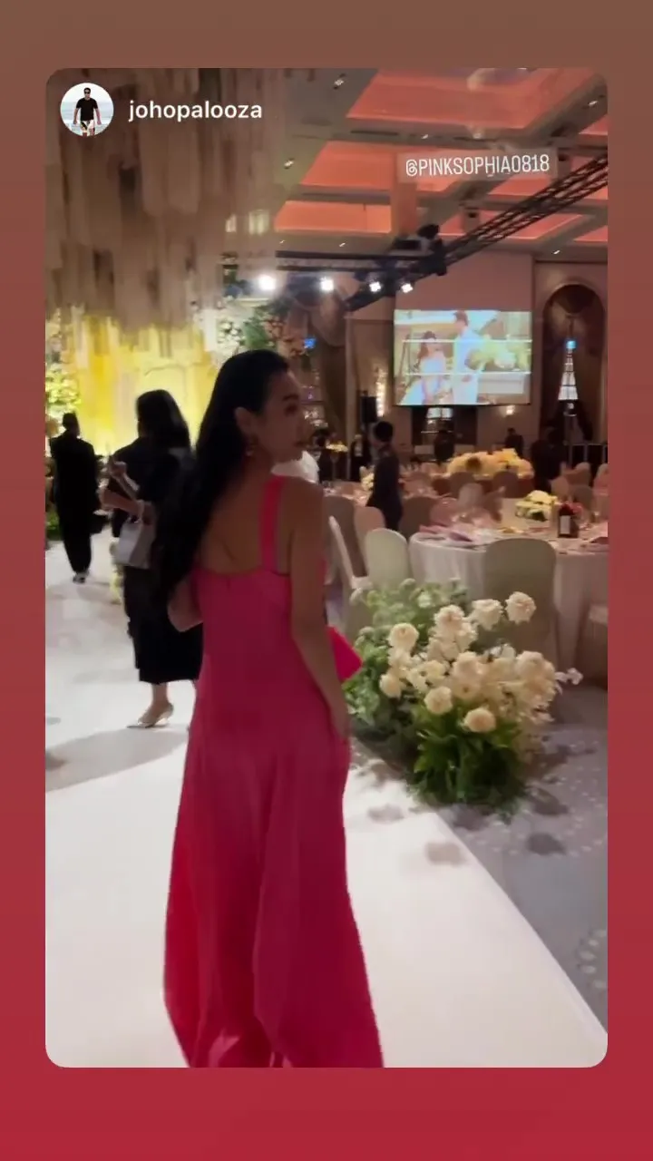 王思佳在IG上轉發了昨日的造型，粉色洋裝及同色系的迷你化妝包，皆疑似出自法國精品香奈兒。翻攝pinksophia0818 IG