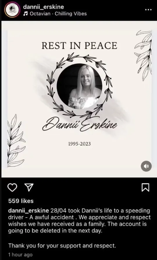 厄絲金的家人在她IG發文，宣布死訊。翻攝IG