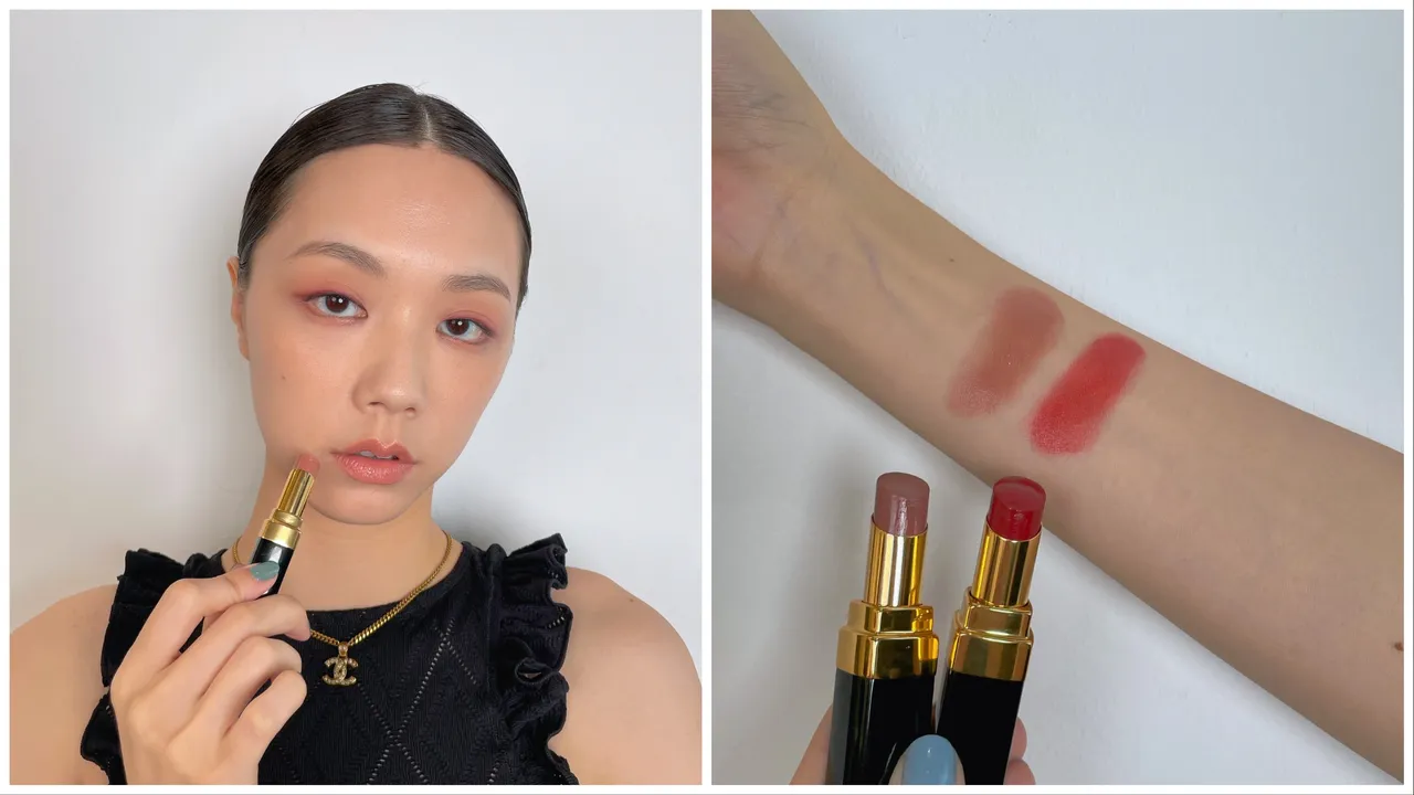 COCO晶亮水唇膏#174旅行（右图左）、#176冒险（右图右），左图为Model示范#174，各1450元。张家玲摄