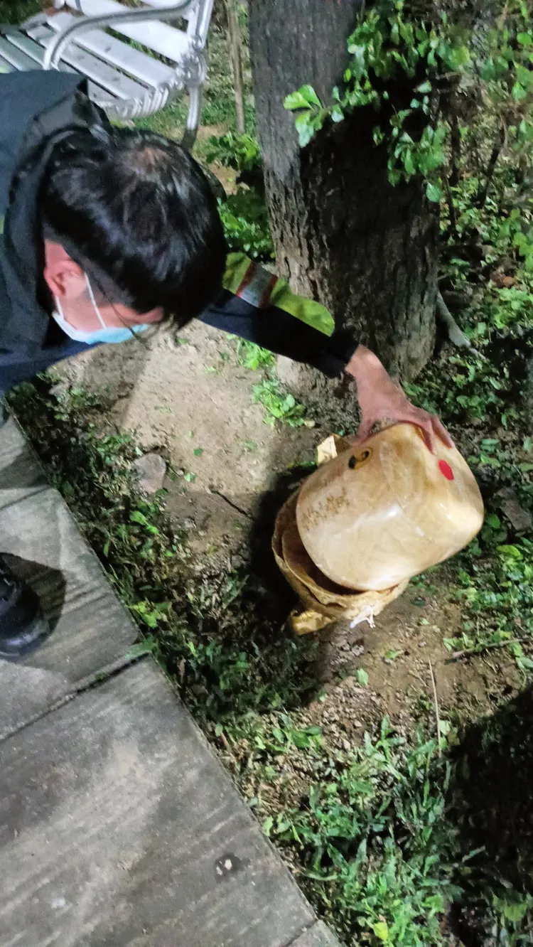 到場警員翻看樹下的疑似骨灰罈，外表印有明顯的頭像，似有燙金字樣。翻攝自臉書「爆料公社」