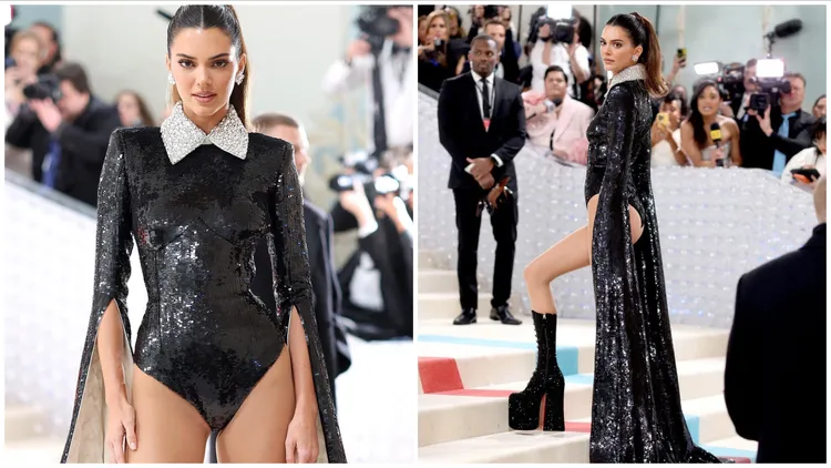 辣模肯黛兒穿上了MARC JACOBS的閃亮緊身連身衣，搭配一雙超高的鞋子，讓網友戲稱她即將抵達天花板。翻攝metgalaofficial IG