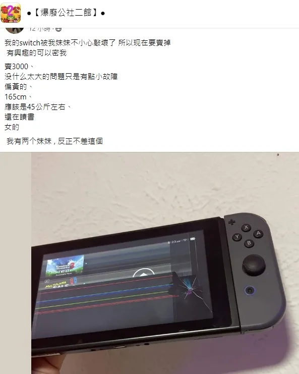 遊戲機被妹妹弄壞讓發文者氣炸。翻攝自臉書「爆廢公社二館」