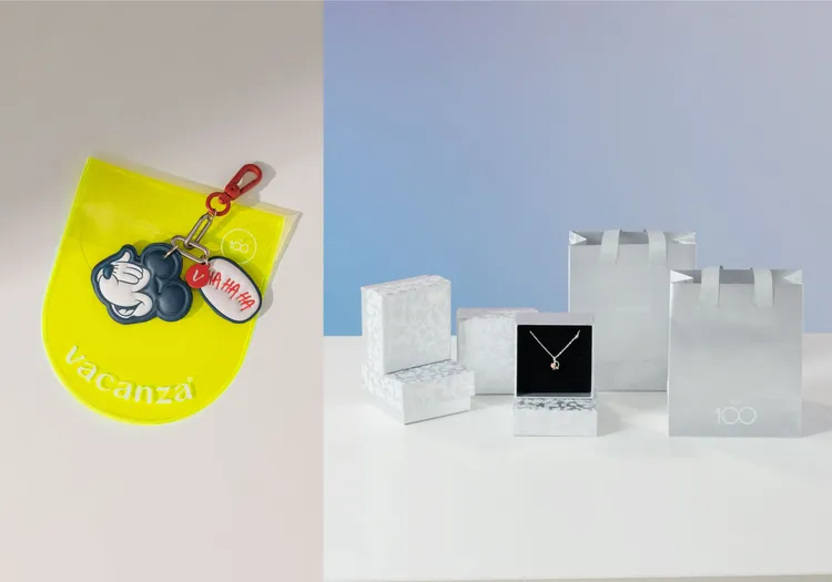 vacanza推出多款迪士尼100週年系列周邊商品，消費滿2500元即贈「Disney100哈哈米奇款皮革鑰匙圈」乙個，數量有限，售完為止。業者提供