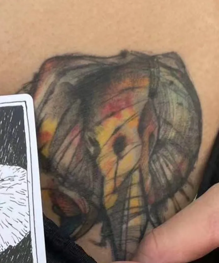 莫允雯刺了受傷大象在身上，自我提醒要愛護動物。莫允雯提供