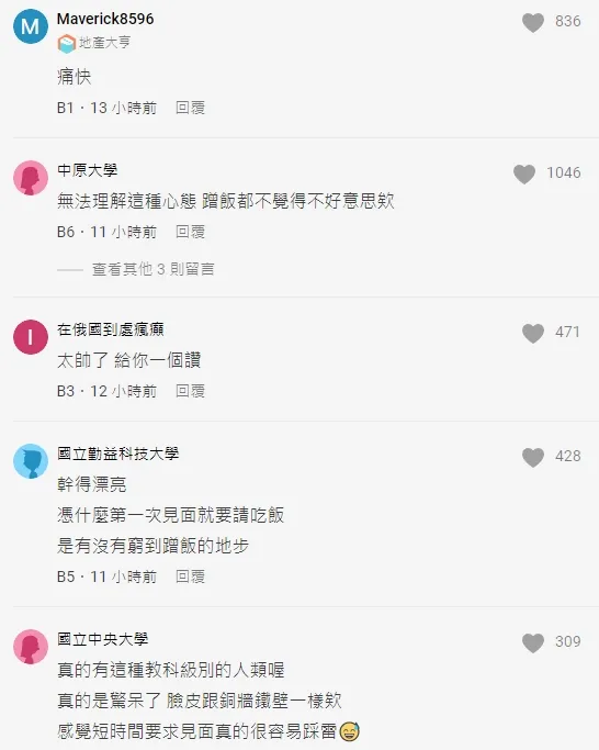 網友同聲譴責蹭飯女。翻攝自論壇Dcard