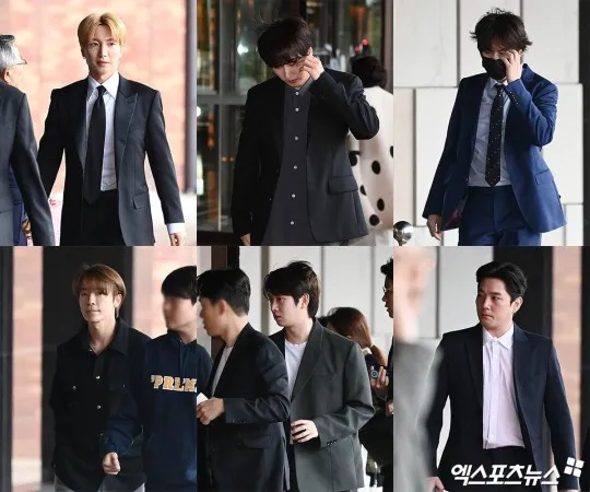 SJ幾乎整團集合，隊長利特（上排左起）、銀赫、圭賢、東海（下排左起）、希澈現身祝賀，退團的強仁也沒缺席。翻攝xportsnews