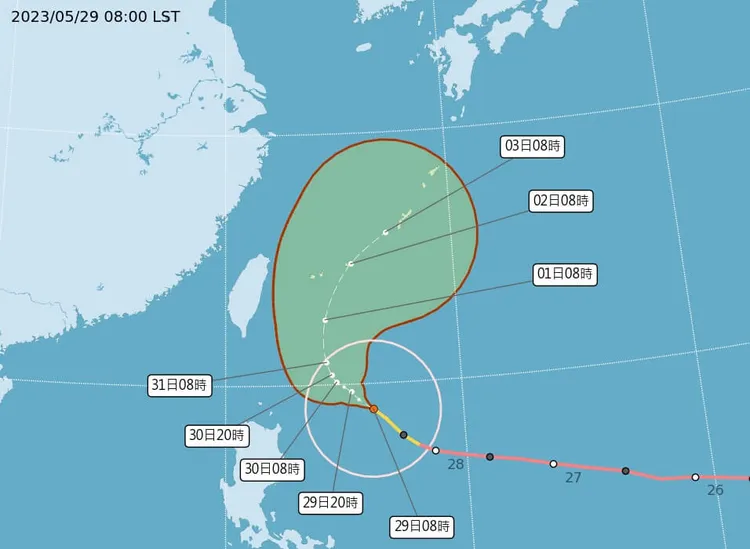 颱風瑪娃最近幾天可能的行進路線。圖取自中央氣象局網頁